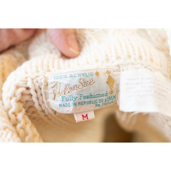 Vintage Cream Cable Knit Fisherman Sweater, Cottage Acrylic Cardigan, Pockets, M - Picture 7 of 11